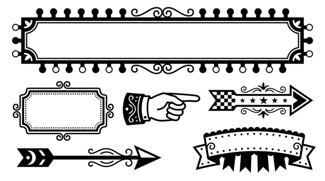 Set of decorative vintage frames, pointers, and ornate arrows, black and white flourishes, classic Victorian style dividers, headers, ideal for