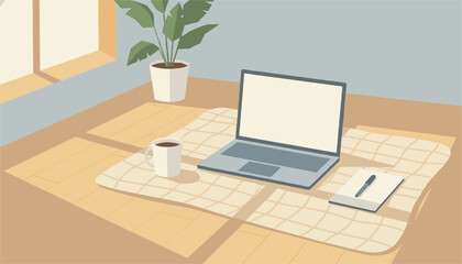 Fototapeta premium Open laptop sits on a plaid blanket on a wooden floor near a houseplant and a mug of coffee in a bright cozy home office environment setting.