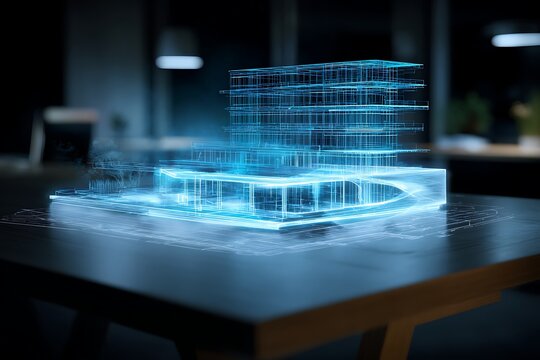 Futuristic 3D Holographic Building Model on Desk in Dark Office