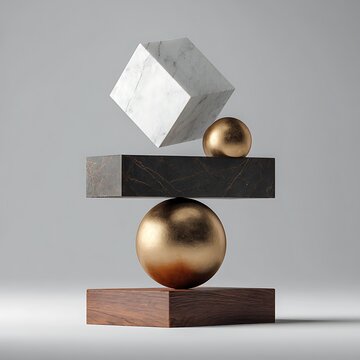 Abstract Balanced Geometric Shapes with Gold and Marble