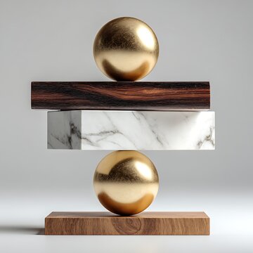 Minimalist Zen Balance with Gold Spheres Marble and Wood