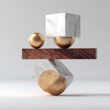 Abstract Geometric Balance of Marble Gold and Wood Shapes