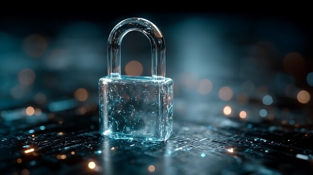 Futuristic Glowing Glass Padlock Cybersecurity Digital Concept