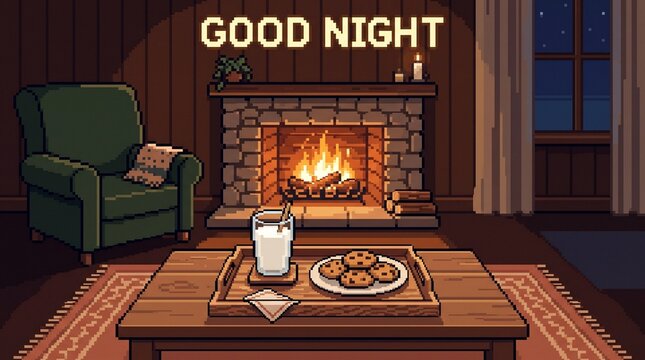 Pixel art cozy living room with milk and cookies by a warm fireplace at night.