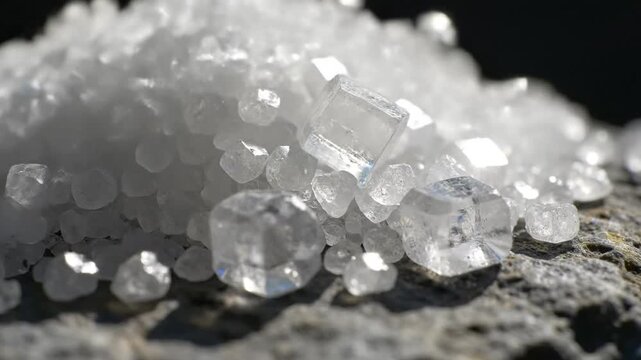Sodium Chloride Crystals on Rock in Macro Close Up