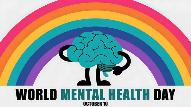 World mental health day concept poster featuring a brain character under a rainbow psychology wellness depression