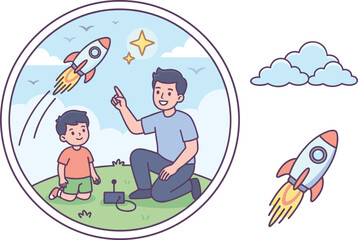 Naklejka premium Father and Son Launching Remote Control Toy Rocket in Park Vector Illustration Set with Separate Rocket and Cloud Elements for Parenting and Science Designs