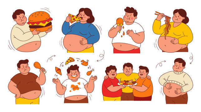 Set of overweight people eating fast food burgers pizza and fried chicken, showing gluttony habits, unhealthy diet lifestyle, obesity awareness