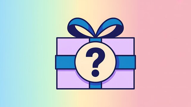 Wrapped gift box with blue ribbon and question mark circle tag mystery present illustration gift icon surprise box
