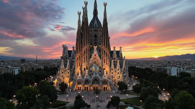 Aerial Drone Footage of Sagrada Familia at Sunset Barcelona