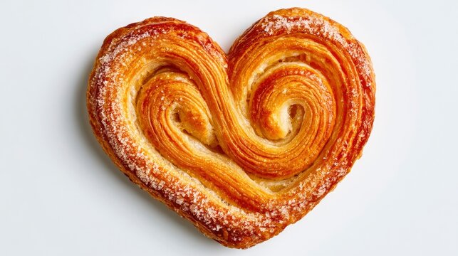 French palmer puff pastry shaped like a heart on white in a sharp macro shot for bakery branding and food marketing