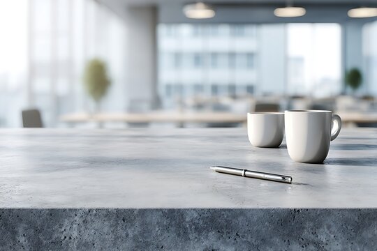 Modern Office Desk with Coffee Cups and Pen on Concrete Tabletop