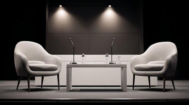Modern Talk Show Stage with Armchairs and Microphones