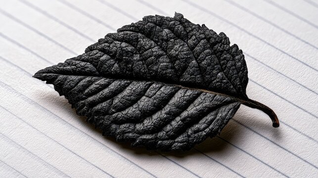 Charred leaf resting on lined notebook paper in macro sharp focus for environmental awareness and climate change marketing campaigns
