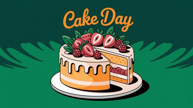 Cake day celebration banner featuring frosted layered sponge cake decorated with fresh strawberries and raspberries