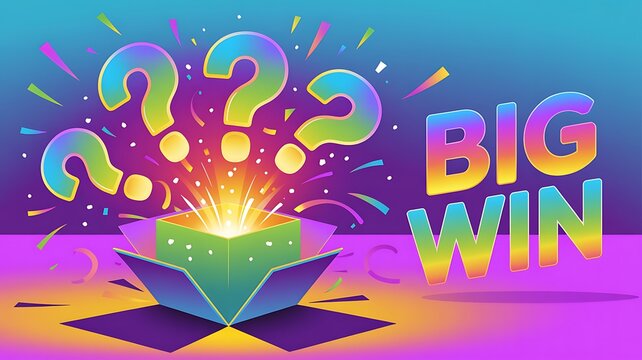 Big win surprise box concept with glowing question marks and confetti on colorful background magic box lucky win