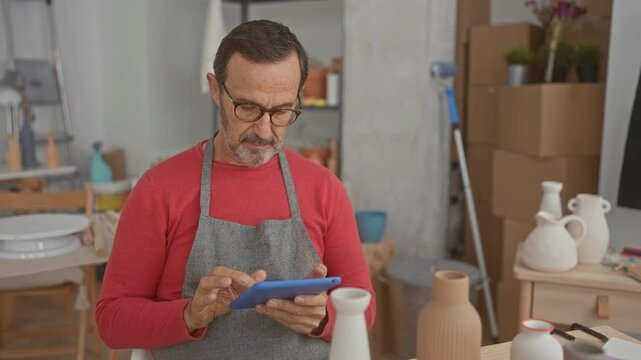 Man potter wearing grey apron taps blue tablet with both hands while seated among ceramic vases, bowls and tools in pottery studio; craft focus.