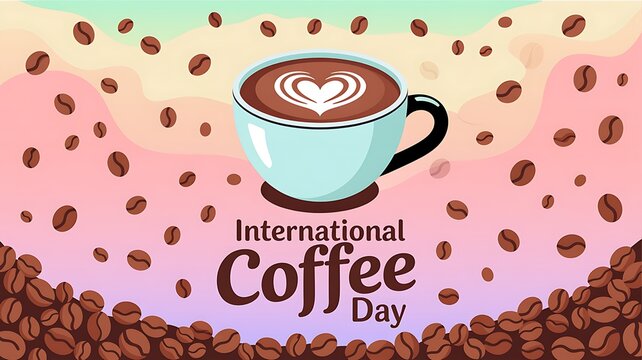 International coffee day concept with a cup of cappuccino and scattered roasted coffee beans