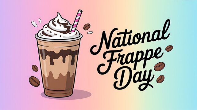 National frappe day illustration with a sweet coffee drink topped with whipped cream and chocolate drizzle