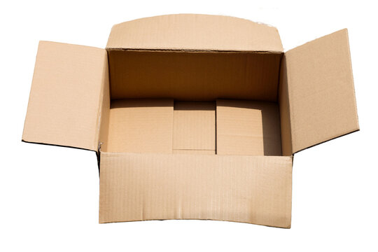 Clean open cardboard cargo mailing box with four side flaps isolated on transparent background cut out png file copy text space