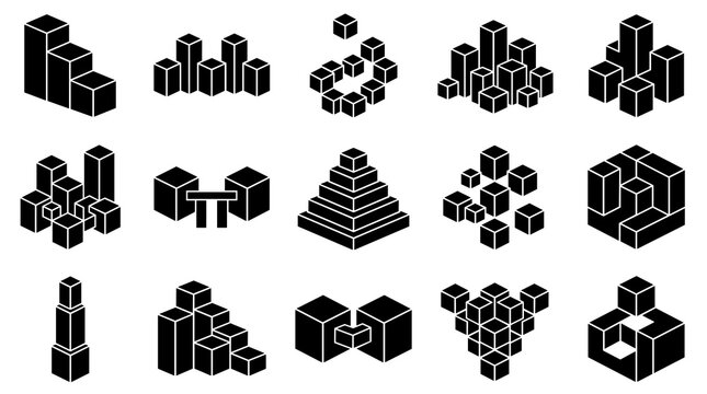 A collection of black and white isometric cubes forming various geometric shapes