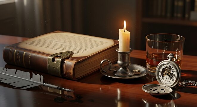 Antique diary with candle and pocket watch on wooden table, nostalgia