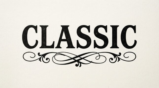 Elegant black classic typography with ornate decorative scrollwork border with timeless black typography spelling CLASSIC paired intricate scrollwork beneath