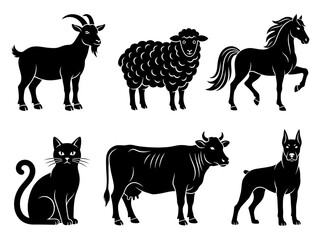 Fototapeta premium Set of minimalist domestic and farm animal silhouettes including horse, cow, goat, sheep, cat, and dog.