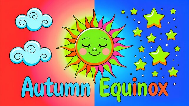 Autumn equinox seasonal concept featuring smiling sun fluffy white clouds bright stars in sky seasonal change