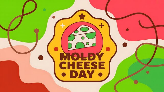 Moldy cheese day vintage badge design with sliced cheese wedge and green mold spots on abstract background