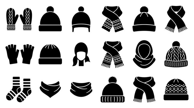 A collection of winter clothing icons in solid black silhouette style