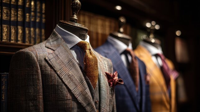 Elegant suits displayed on mannequins
