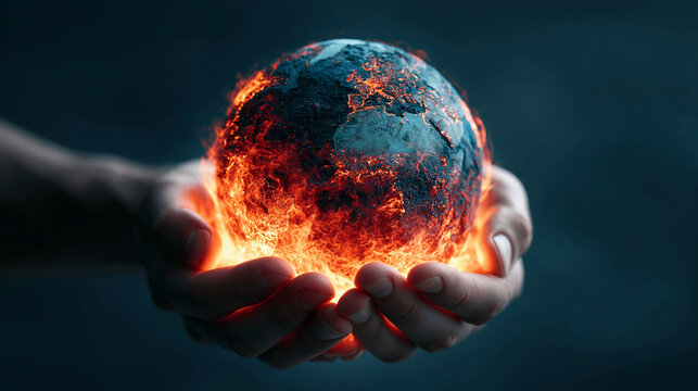 A pair of hands holding a miniature planet earth, enveloped in fire and glowing with intense heat against a dark background, representing climate change and global warming.