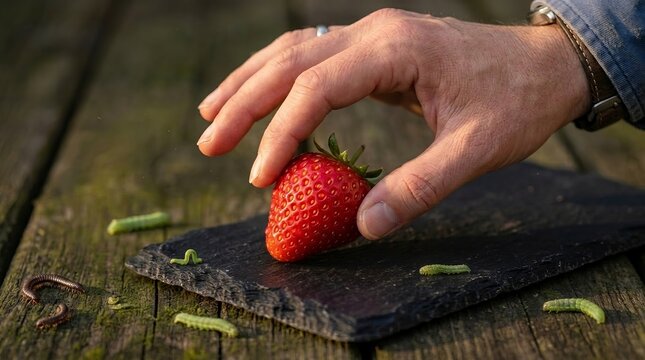 A hand placing a fresh red strawberry on a dark stone slate outdoors.