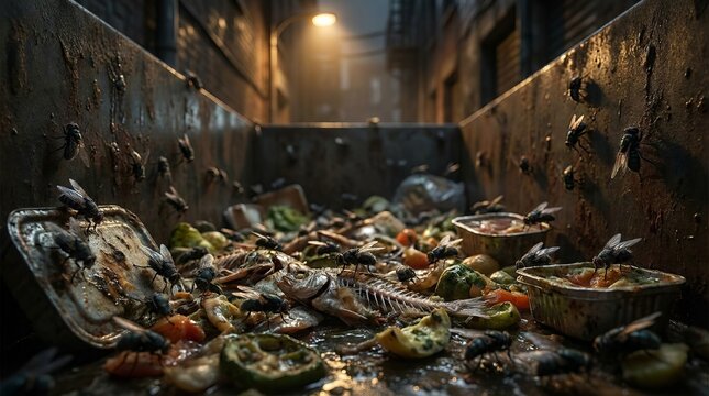 Swarm of flies buzzing over rotting food waste in a dark urban alleyway dumpster.