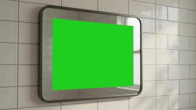 A horizontal digital screen hanging on a tiled wall featuring a vibrant chroma key display area ready for custom advertising graphics and promotional messaging inside a commercial room setting
