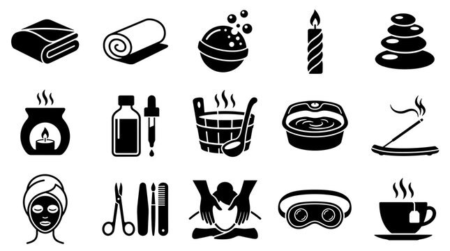 A collection of black spa and wellness vector icons