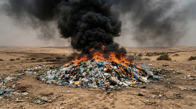 Large pile plastic bottles garbage burning open fire flames heavy black toxic smoke middle dry empty field desert landscape global environment pollution ecological disaster concept