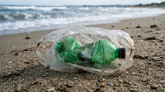Close up crumpled green plastic bottle discarded inside transparent bag resting sandy sea beach ocean shore coa