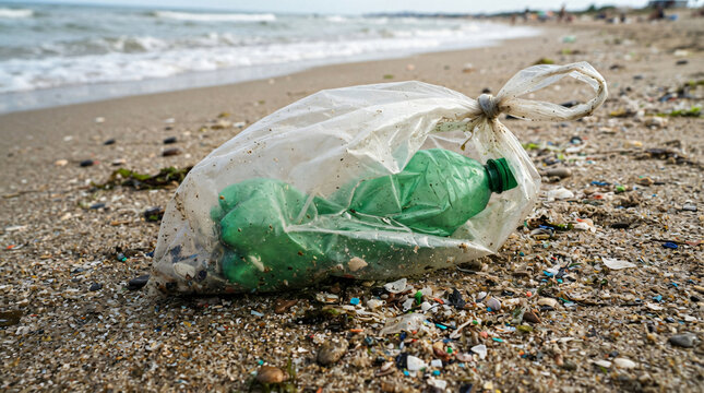 Close up crumpled green plastic bottle discarded inside transparent bag resting sandy sea beach ocean shore coa
