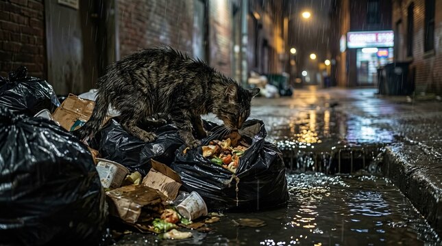 A stray cat scavenging for food in trash bags on a dark city alleyway at night.