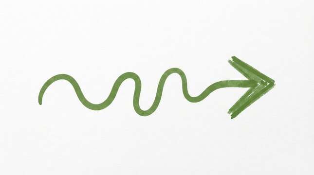 Hand drawn green wavy arrow pointing right with organic flow design with wavy lines transitioning bold directional point against clean white background