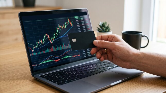 Person holding black credit card in front of laptop displaying stock market trading charts and graphs