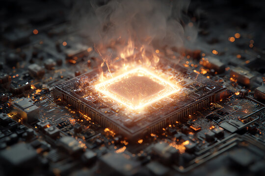 Overheated CPU in Flames: A close-up view of a computer processor (CPU) glowing intensely and engulfed in flames and smoke, symbolizing system failure, overheating, or technological breakdown.