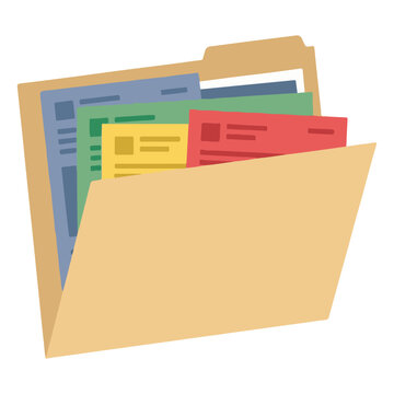 Beige file folder containing colorful organized documents and paperwork with office supplies