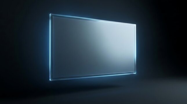 A sleek digital display floating in a dark studio setting representing a modern vertual television set with a minimalist aesthetic and glowing edge design