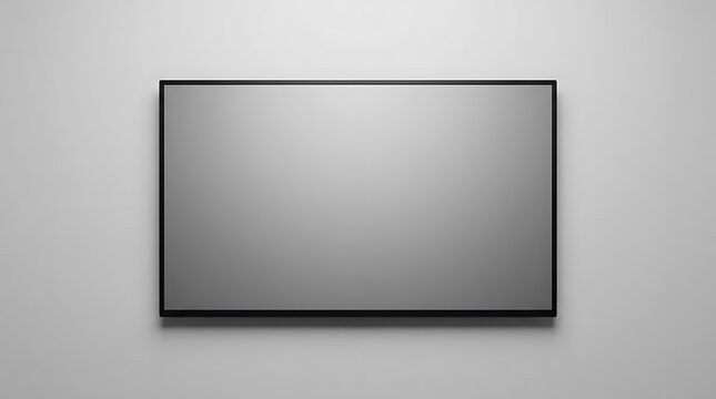 An empty modern black screen representing a professional vertual television set display mounted on a clean white wall for digital media presentation