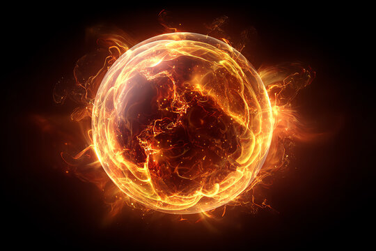 Abstract Fiery Orb: A mesmerizing, incandescent sphere crackles with intense heat and energy, casting a dramatic glow against a dark background, representing power and cosmic force.