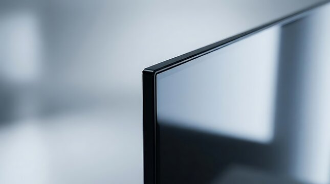 A sleek modern television set designed with a thin bezel frame displaying a high definition screen in a bright contemporary living room interior view.