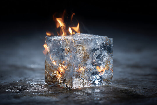 Fiery Ice Cube: An intriguing cube of ice burns with an inner flame, creating a visually striking juxtaposition of heat and cold, a symbol of powerful paradoxes.